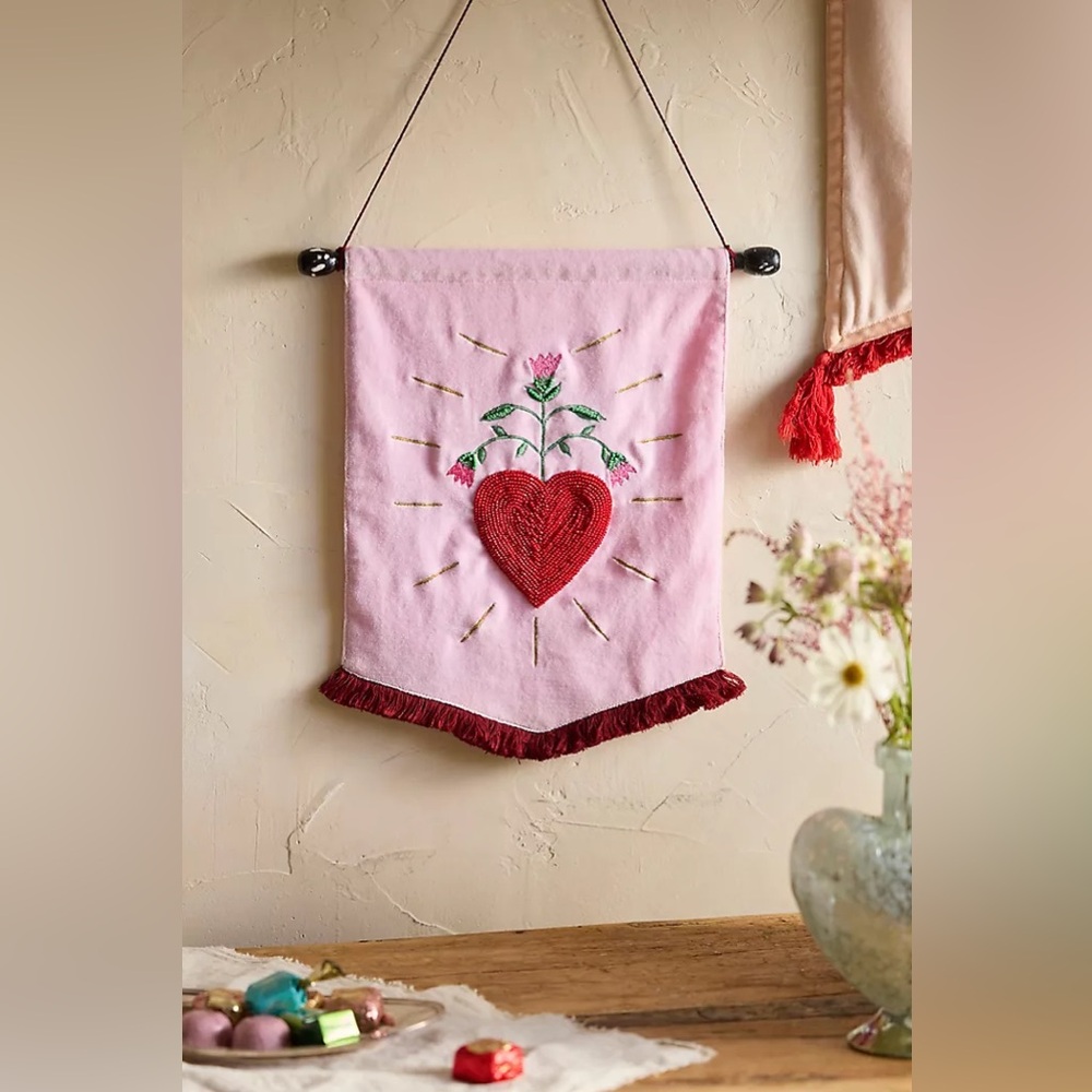New Anthropologie Terrain Growing Heart Velvet Wall Banner Valentines Love